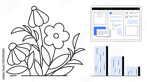 Stylized flowers symbolizing growth, modern web interface with data inputs, and bar charts illustrating performance. Ideal for business, tech, environment, growth, creativity analytics success. A