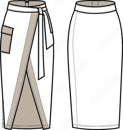 Wrap pencil skirt vector illustration, fashion CAD drawing with front pocket detail, belted waist, clean back view, flat sketch