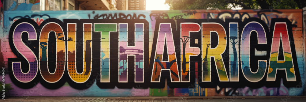 Fototapeta premium Vibrant South Africa Graffiti Mural on Urban Brick Wall, Colorful Street Art with African Landscape Silhouettes, Modern City Decor