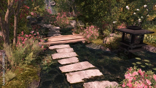 Tranquil Japanese garden path with a small bridge