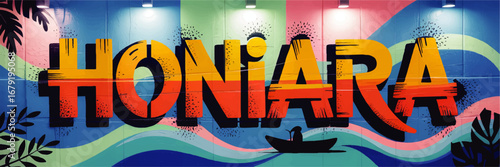 Vibrant Honiara Wall Art Mural with Tropical Leaves, Canoe Silhouette, and Colorful Abstract Background – Urban Solomon Islands Street Art