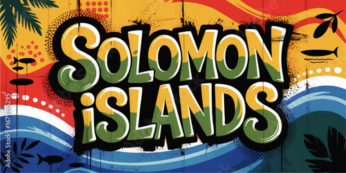 Vibrant Solomon Islands Typography Art – Tropical Beach Colors, Ocean Waves & Island Nature Illustration for Travel and Tourism Design