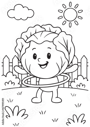 coloring book page of a cabbage playing hula hoop in the garden on a sunny day.