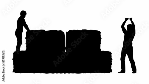 Silhouettes of two people working with hay bales one standing on them the other with arms raised in air