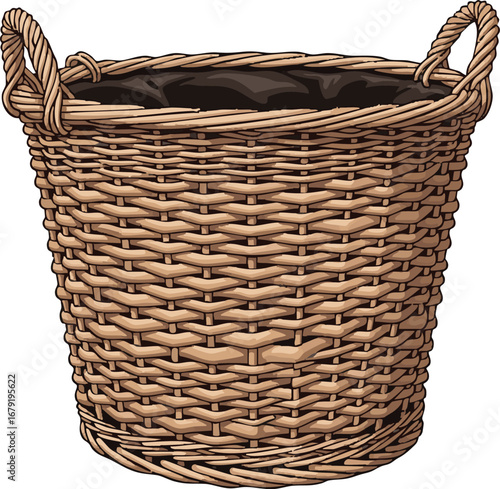 A woven basket with two handles and a dark fabric lining on a white background view