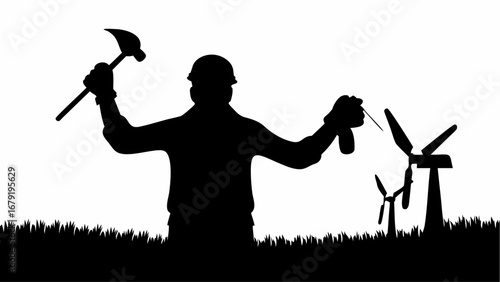 Silhouette of worker with hammer and oil can near wind turbines in a grassy field on a white background