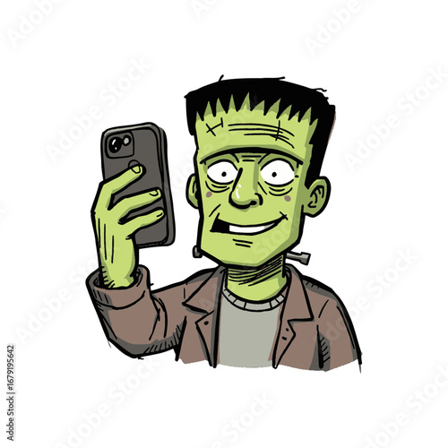 Cartoon Frankensteins Monster Taking a Selfie Photo.