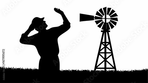 Silhouette of a farmer looking up with hands raised near a windmill in a field on a white background