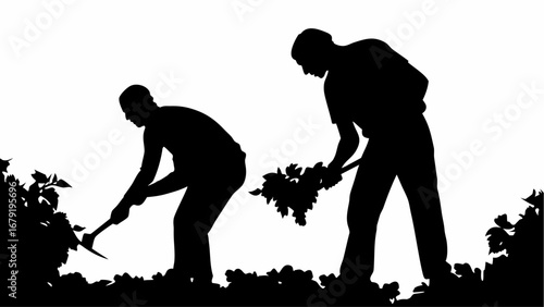 Silhouette of two farmers working in the field with tools and plants in a black and white illustration