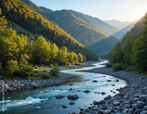 Serene mountain valley with a winding river flowing through lush green forest under a clear blue sky at sunrise.