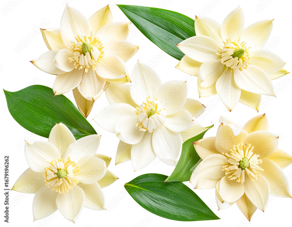 Obraz premium Artistic Flat Lay of Cut Yucca Flowers and Leaves, Isolated