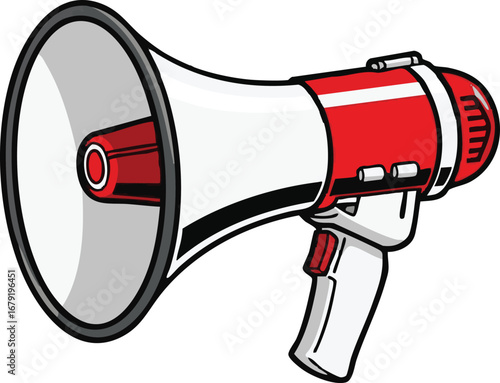 Illustration of a red and white megaphone with black outlines and a handle on a white background