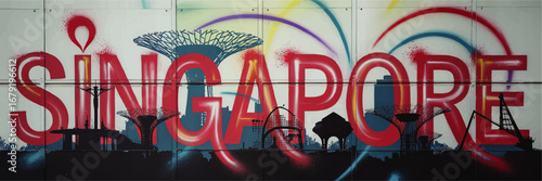 Vibrant Singapore Street Art Mural Featuring Modern Skyline, Supertree Grove Silhouettes, and Colorful Urban Graffiti