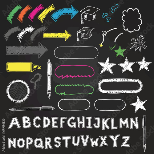 School board, children's doodles and scribble in hand drawn style. Graphic box - arrows, highlighters, underline, round, stars, alphabet, doodles. Scribble drawn with felt-tip pen, chalk, pen. Vector