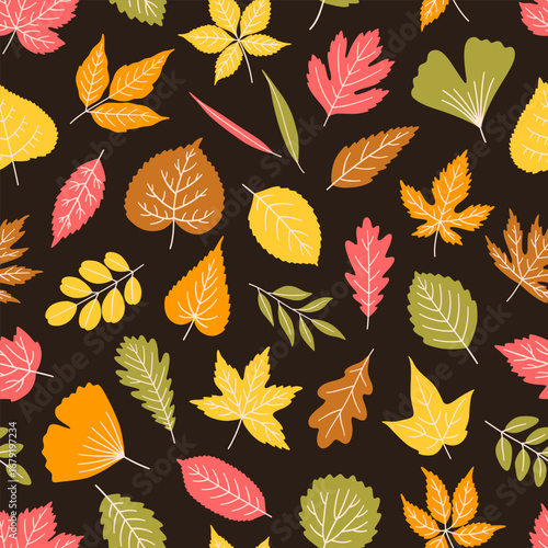 Seamless pattern with leaves on dark background - autumn leaf of maple, linden, poplar, ginkgo, others. Print for textile, package, paper. Pink, orange, yellow, green colors. Vector illustration