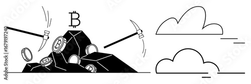 Pickaxes striking a mountain of coins with Bitcoin symbol, clouds in the background. Ideal for cryptocurrency, blockchain, digital economy, fintech, mining, technology and finance. Simple flat
