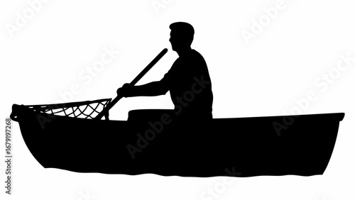 Silhouette of a man rowing a boat with a net in the front on a white background in a simple illustration