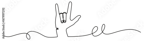 continuous line art of a hand showing metal or rock and roll fingers. vector illustration