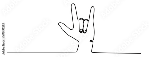 continuous line art of a hand showing metal or rock and roll fingers. vector illustration