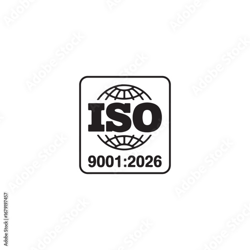 ISO 9001 certified badge vector.  2026 quality management system certification label isolated on white background.