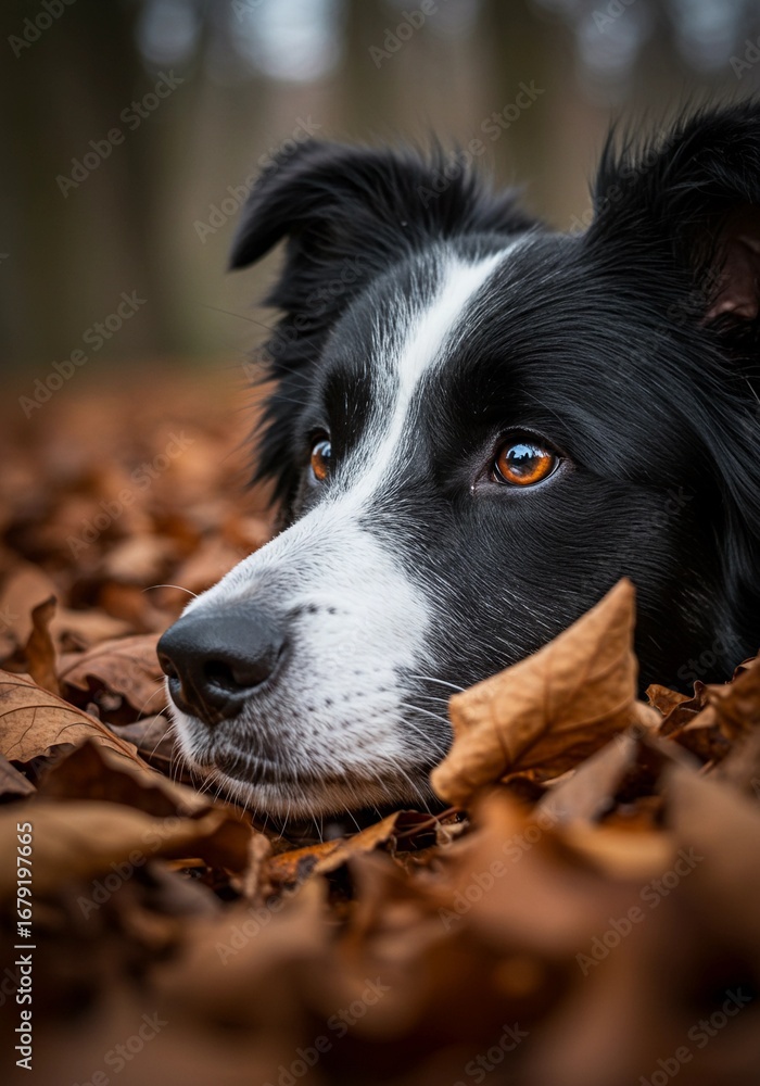 Fototapeta premium Cute Border Collie resting in autumn leaves.