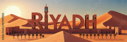 Riyadh Saudi Arabia Skyline Illustration with Desert Sand Dunes, Sunset, Palm Trees, and Traditional Architecture for Travel and Tourism