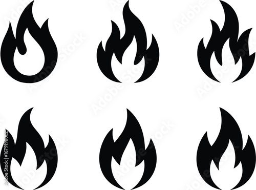 Burning flames collection, hot fire icons for design elements, vector set, power, danger, and energy icons