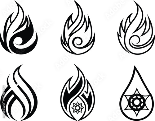 Ornate flame designs for creative projects and tattoos, a collection of unique fire elements for graphic design