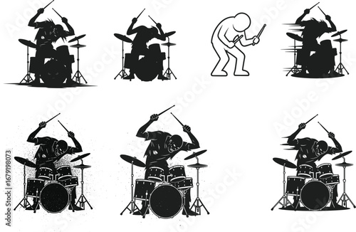 Energetic Silhouettes of Rock Drummers Playing Drums, High-Energy Musician Poses, Concert Stage Performance for Music and Band Design Projects