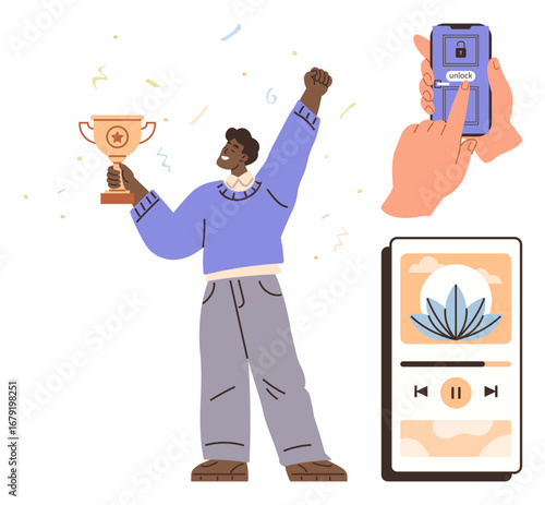 Person holding trophy in victory pose, smartphone unlocking with fingerprint, meditation app with lotus art. Ideal for success, motivation, fitness, mindfulness, technology, wellness achievement