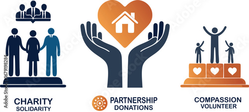 Modern icons showcase charity, partnership, and volunteer work for a compassionate and supportive community initiative