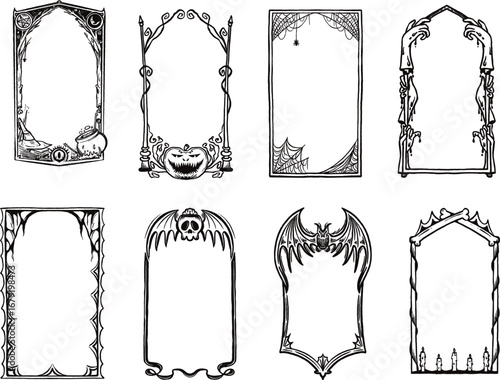 Hand-drawn spooky Halloween frames featuring bats, pumpkins, spider webs, candles, skeleton hands, and cauldrons in black line style
