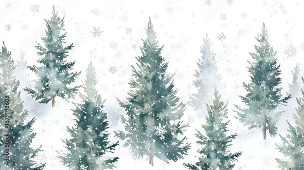 Obraz premium Enchanting watercolor pine trees amid gently falling snow winter wonderland artwork serene landscape aerial view magical nature scene