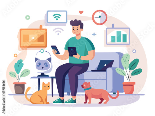 Man using digital devices to monitor pet care and home smart devices in a modern living room
