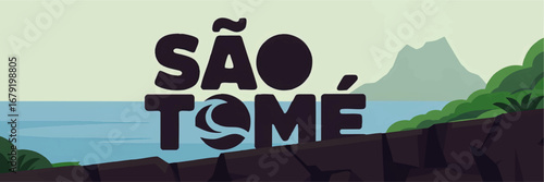 São Tomé Cartoon Landscape Illustration with Volcanic Rocks, Ocean, Mountains, and Tropical Vegetation – Vibrant Vector Art for Travel and Tourism Concepts
