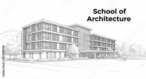 Architectural drawing of a modern school of architecture building with a clean and minimalist design isolated on white background