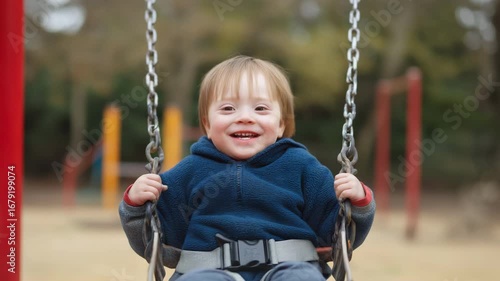 A happy youngster with Down syndrome is having fun swinging on the playground. 