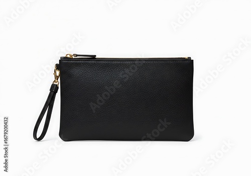 Sophisticated black leather clutch bag with wristlet isolated on white background