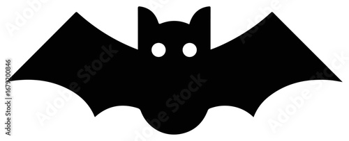 Black Bat Silhouette with Spread Wings on White Background.