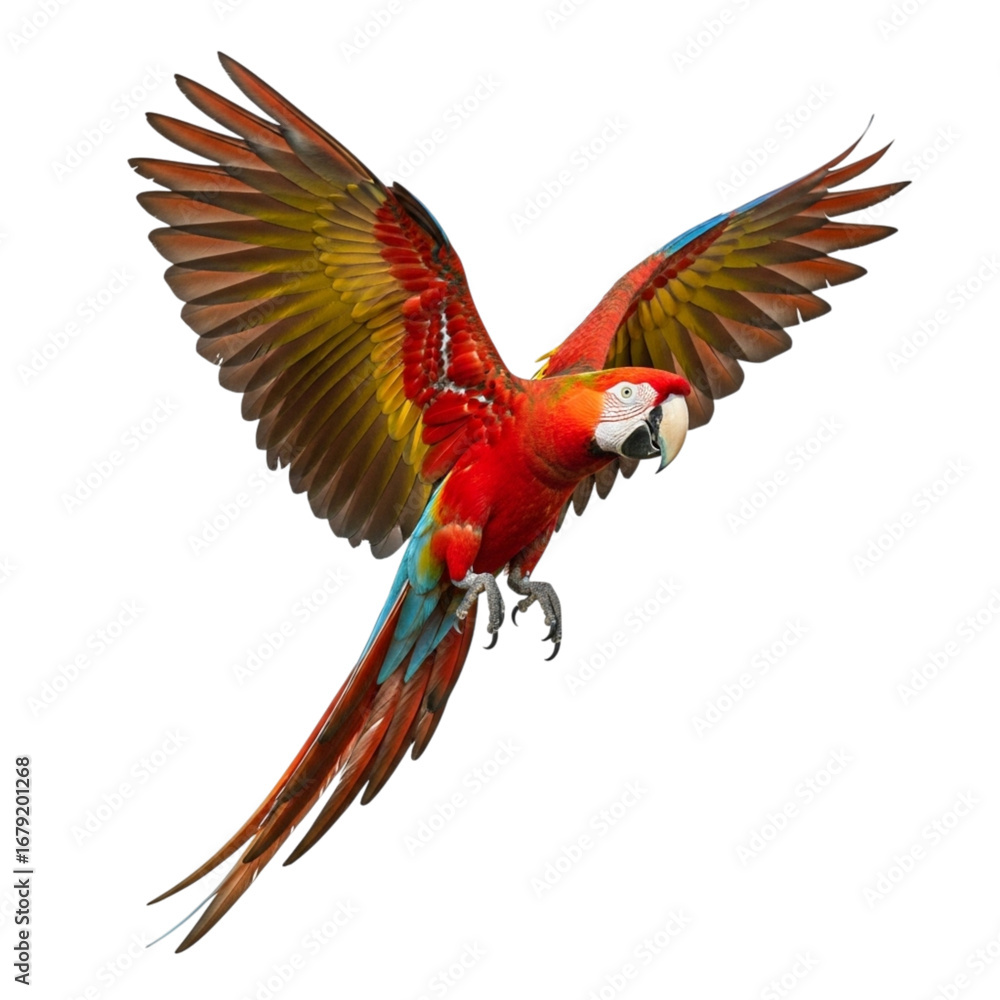 Fototapeta premium Scarlet macaw in flight, a vibrant parrot isolated on transparent background