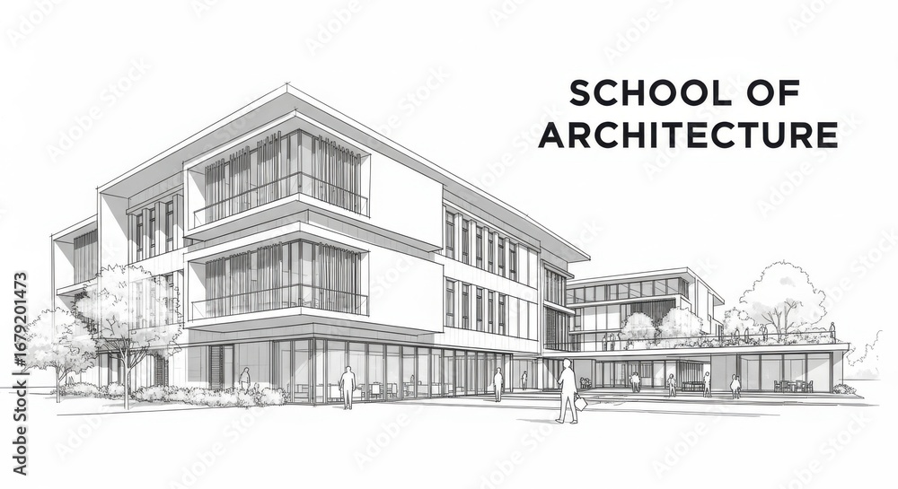 Obraz School of architecture building exterior design sketch with modern facade and urban landscape, architectural drawing illustration