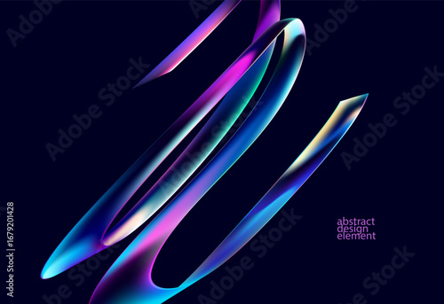 3D glass ribbon on dark background. Abstract geometric element for posters, banner, covers.
