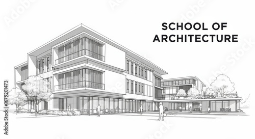 School of architecture building exterior design sketch with modern facade and urban landscape, architectural drawing illustration