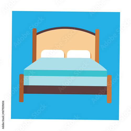 Bed with two pillows and blue mattress on blue background