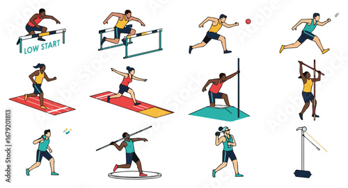 Diverse track and field athletes competing in various events.