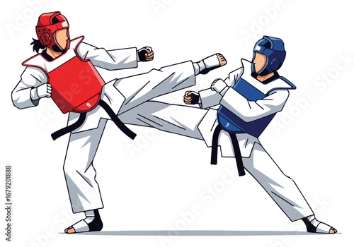 Dynamic Taekwondo Sparring - Athletes Engage in a Powerful Kick Exchange.
