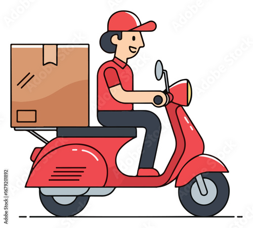 Delivery person on a red scooter carrying a package for delivery.