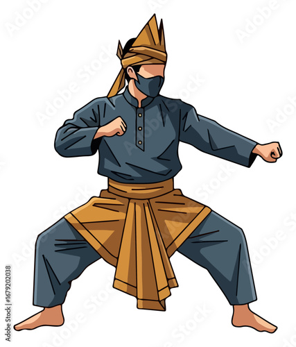 Man in traditional martial arts attire performing a defensive stance.