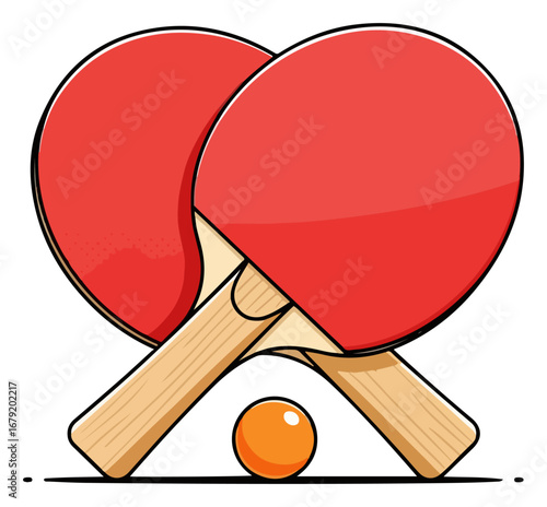 Ping pong rackets and ball ready for a table tennis match.