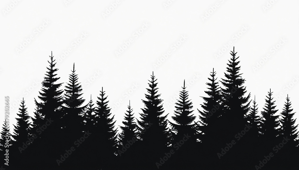 Obraz premium Black Silhouette of Evergreen Trees Against White Background